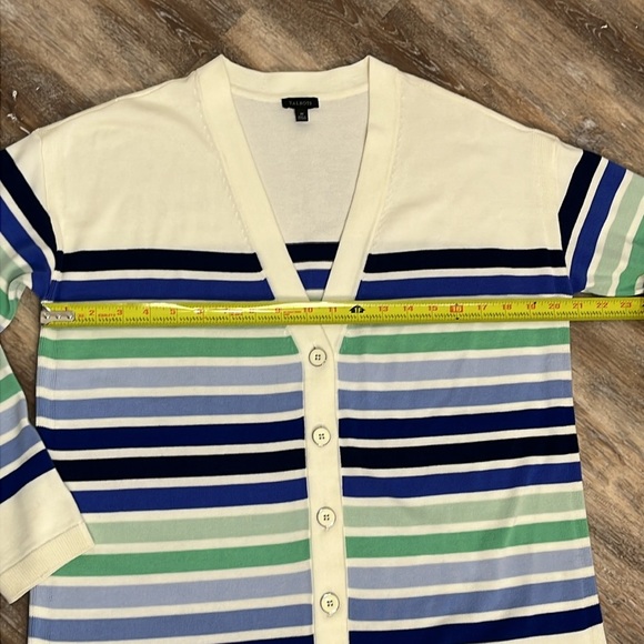 Talbots Womens Sweater Cardigan Size M Cream & Blue Stripes Academia Preppy Boxy - Picture 10 of 14